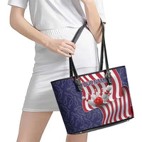 American Flag Bowling Pin Strike Graphic Leather Tote Bag with Custom Name and Pattern Background - Wonder Print Shop
