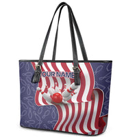 American Flag Bowling Pin Strike Graphic Leather Tote Bag with Custom Name and Pattern Background - Wonder Print Shop