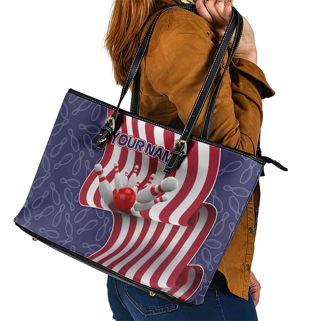 American Flag Bowling Pin Strike Graphic Leather Tote Bag with Custom Name and Pattern Background - Wonder Print Shop