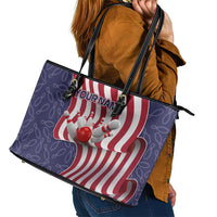American Flag Bowling Pin Strike Graphic Leather Tote Bag with Custom Name and Pattern Background - Wonder Print Shop