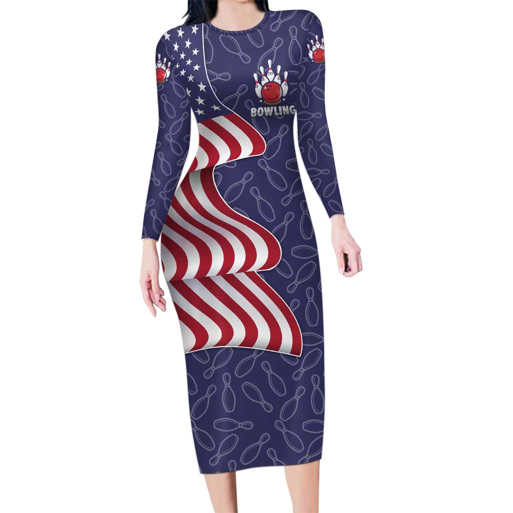 American Flag Bowling Pin Strike Graphic Long Sleeve Bodycon Dress with Custom Name and Pattern Background - Wonder Print Shop