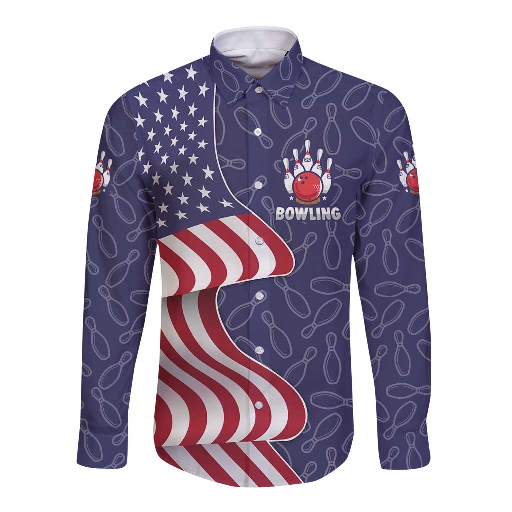 American Flag Bowling Pin Strike Graphic Long Sleeve Button Shirt with Custom Name and Pattern Background - Wonder Print Shop