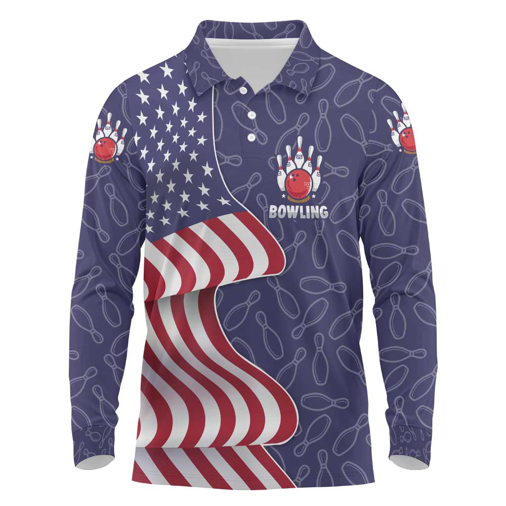 American Flag Bowling Pin Strike Graphic Long Sleeve Polo Shirt with Custom Name and Pattern Background - Wonder Print Shop