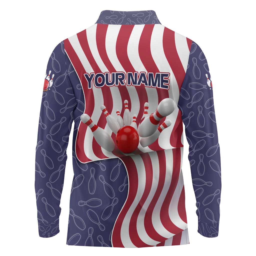 American Flag Bowling Pin Strike Graphic Long Sleeve Polo Shirt with Custom Name and Pattern Background - Wonder Print Shop