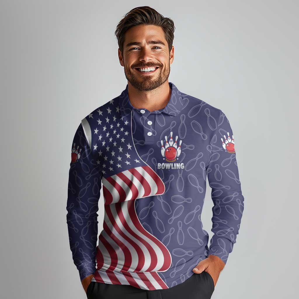 American Flag Bowling Pin Strike Graphic Long Sleeve Polo Shirt with Custom Name and Pattern Background - Wonder Print Shop