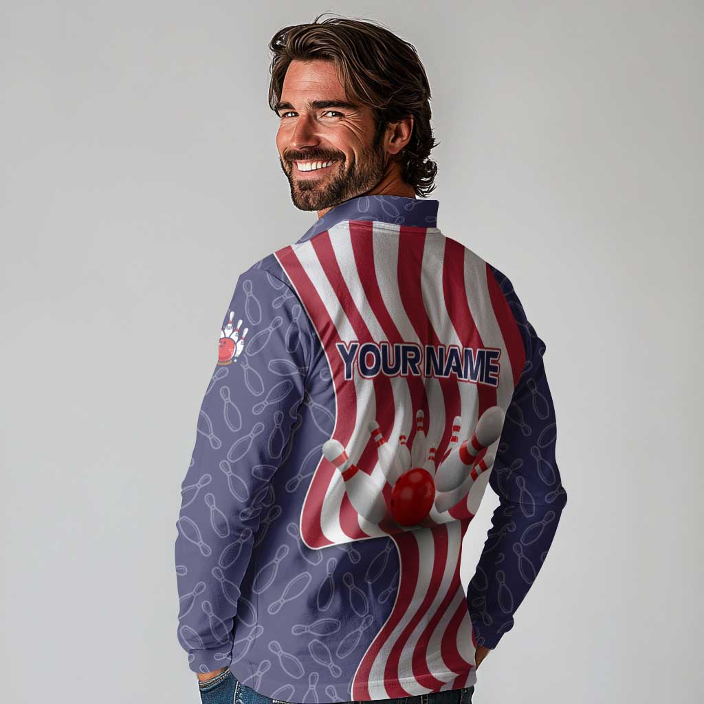 American Flag Bowling Pin Strike Graphic Long Sleeve Polo Shirt with Custom Name and Pattern Background - Wonder Print Shop