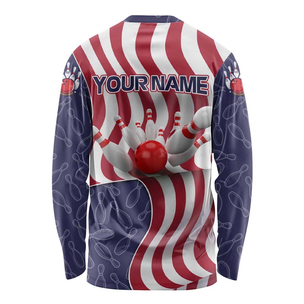 American Flag Bowling Pin Strike Graphic Long Sleeve Shirt with Custom Name and Pattern Background - Wonder Print Shop