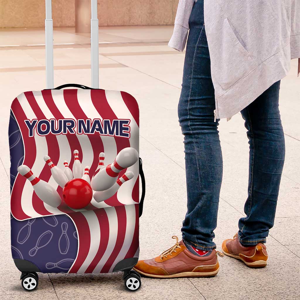American Flag Bowling Pin Strike Graphic Luggage Cover with Custom Name and Pattern Background - Wonder Print Shop