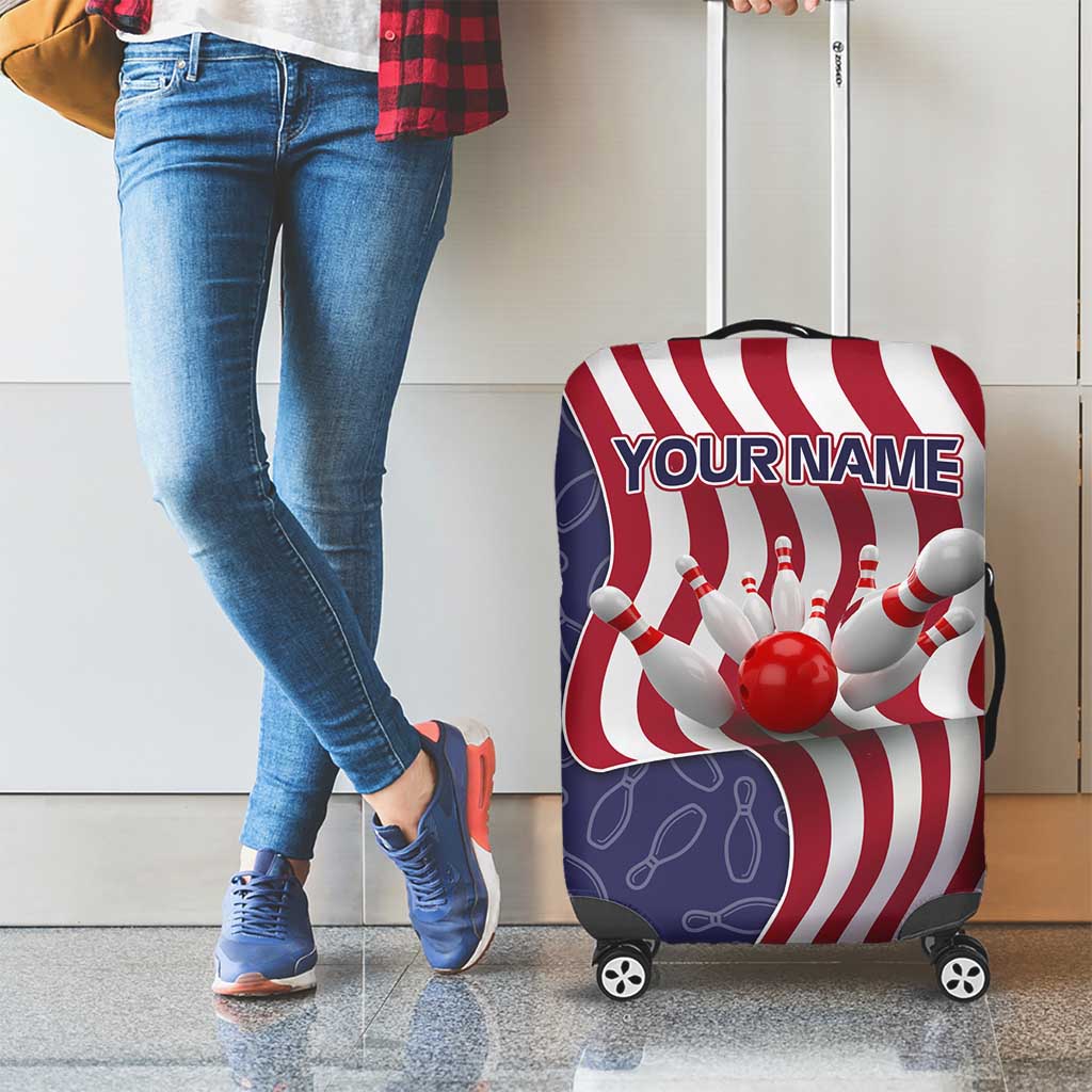 American Flag Bowling Pin Strike Graphic Luggage Cover with Custom Name and Pattern Background - Wonder Print Shop