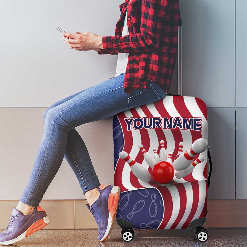 American Flag Bowling Pin Strike Graphic Luggage Cover with Custom Name and Pattern Background - Wonder Print Shop