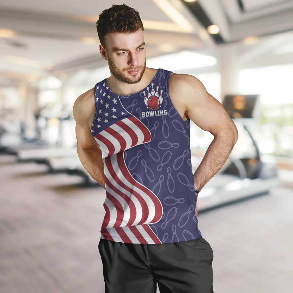 American Flag Bowling Pin Strike Graphic Men Tank Top with Custom Name and Pattern Background - Wonder Print Shop