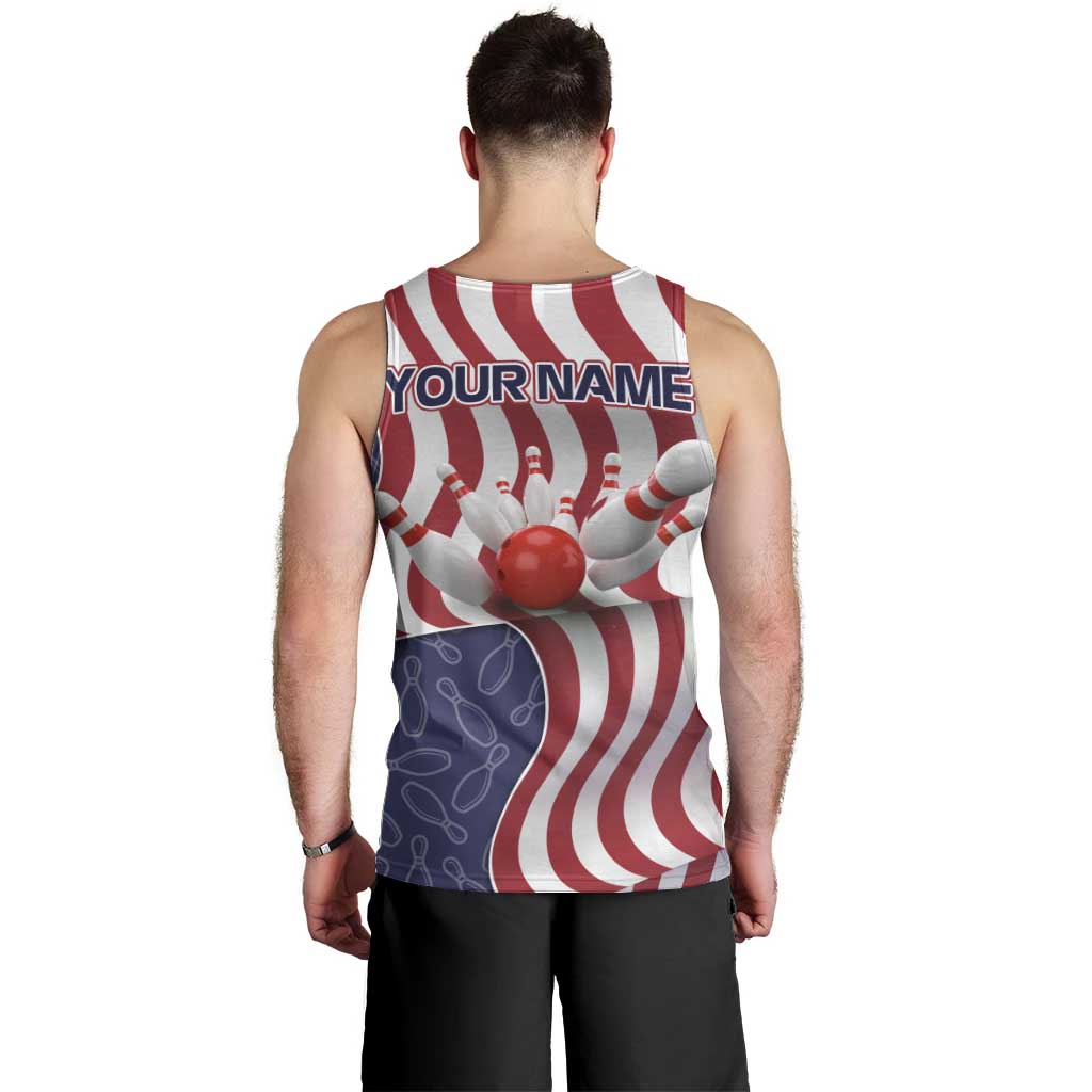 American Flag Bowling Pin Strike Graphic Men Tank Top with Custom Name and Pattern Background - Wonder Print Shop