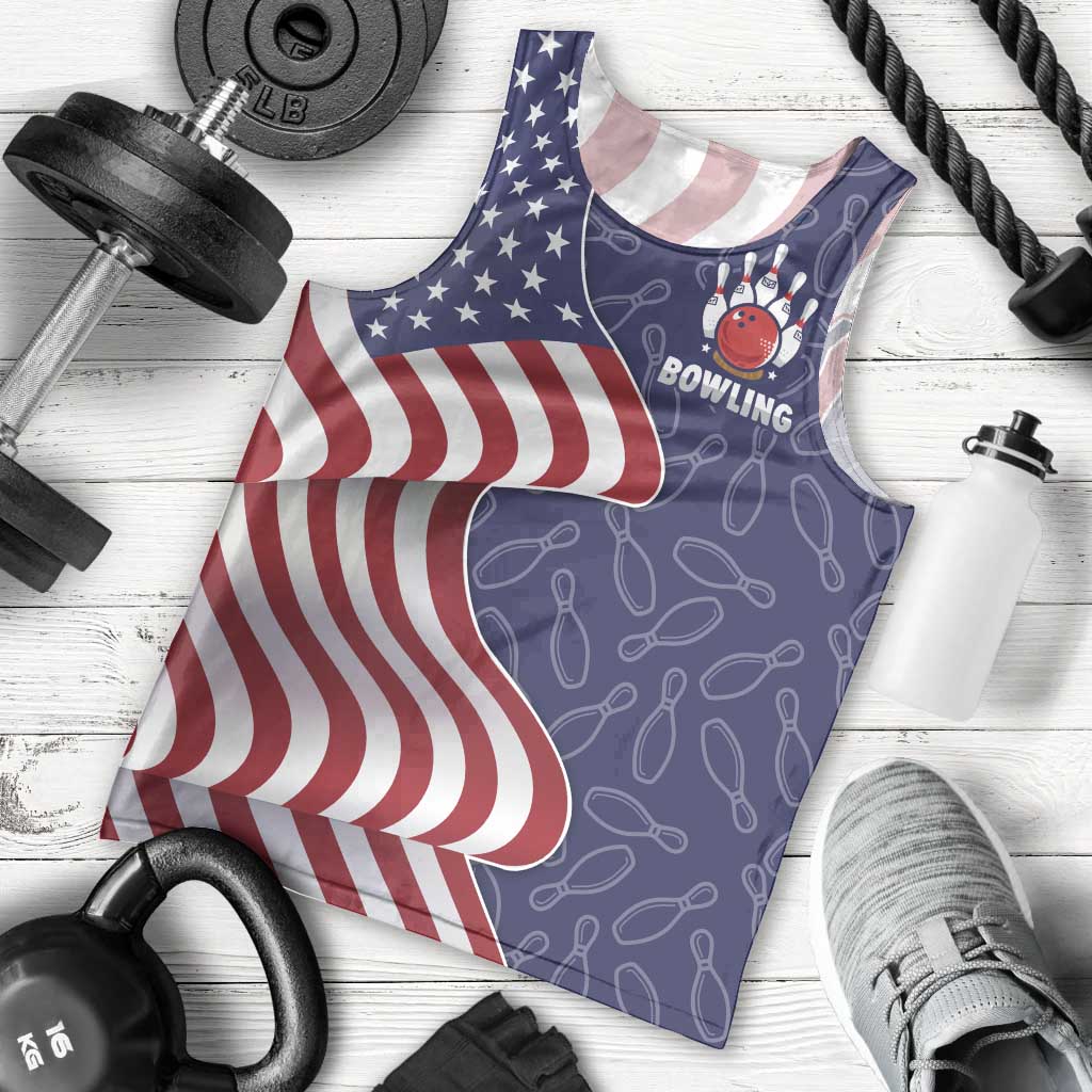 American Flag Bowling Pin Strike Graphic Men Tank Top with Custom Name and Pattern Background - Wonder Print Shop