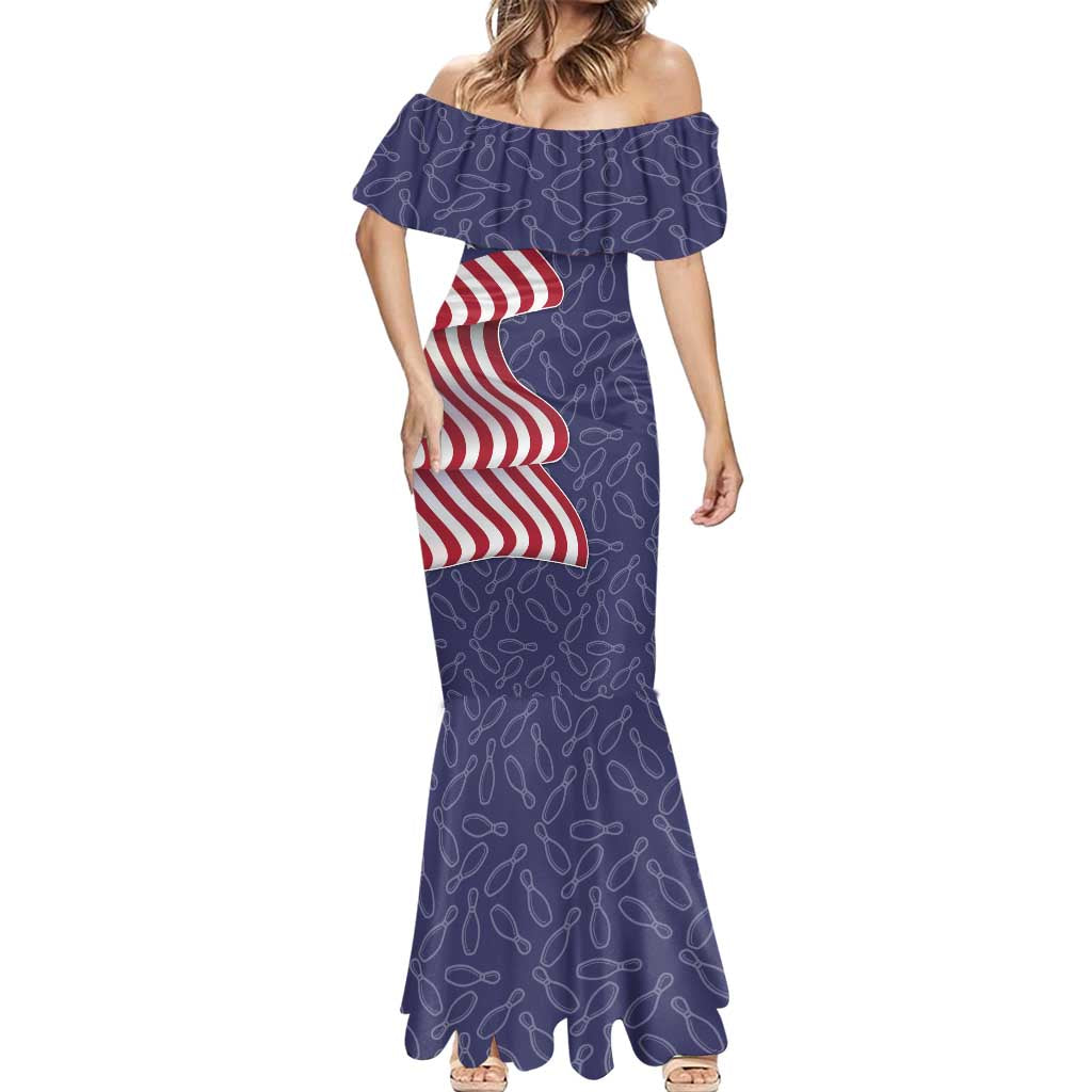 American Flag Bowling Pin Strike Graphic Mermaid Dress with Custom Name and Pattern Background - Wonder Print Shop