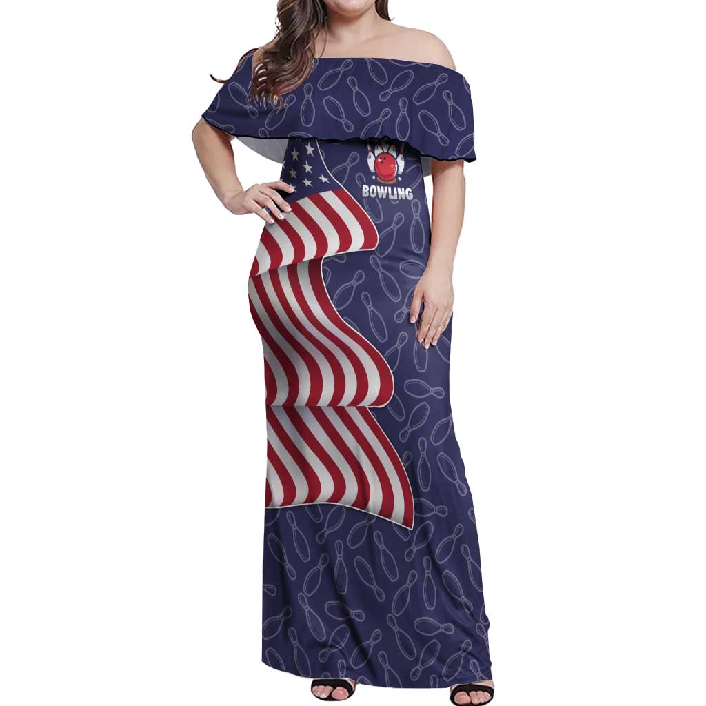 American Flag Bowling Pin Strike Graphic Off Shoulder Maxi Dress with Custom Name and Pattern Background - Wonder Print Shop