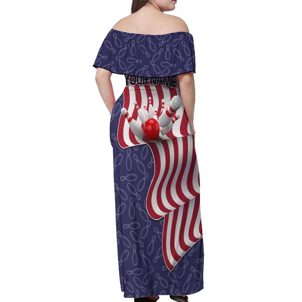 American Flag Bowling Pin Strike Graphic Off Shoulder Maxi Dress with Custom Name and Pattern Background - Wonder Print Shop