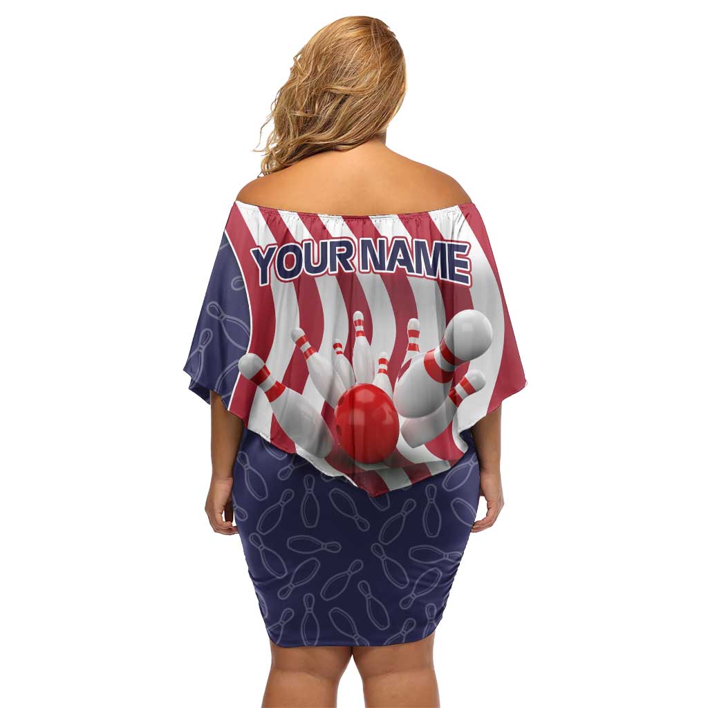 American Flag Bowling Pin Strike Graphic Off Shoulder Short Dress with Custom Name and Pattern Background - Wonder Print Shop