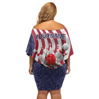 American Flag Bowling Pin Strike Graphic Off Shoulder Short Dress with Custom Name and Pattern Background - Wonder Print Shop