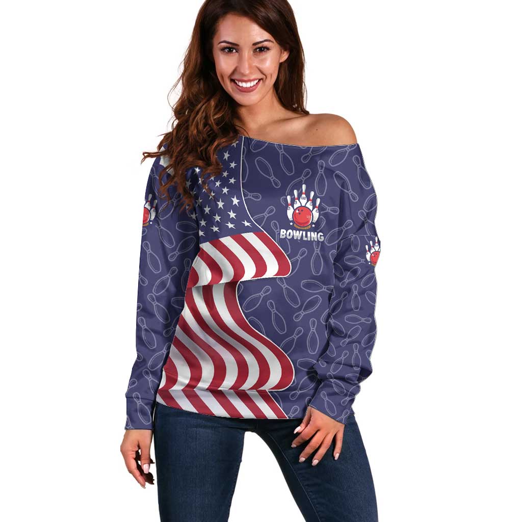 American Flag Bowling Pin Strike Graphic Off Shoulder Sweater with Custom Name and Pattern Background - Wonder Print Shop