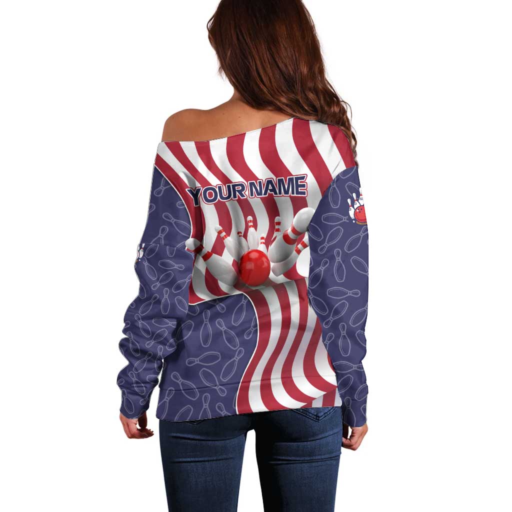American Flag Bowling Pin Strike Graphic Off Shoulder Sweater with Custom Name and Pattern Background - Wonder Print Shop