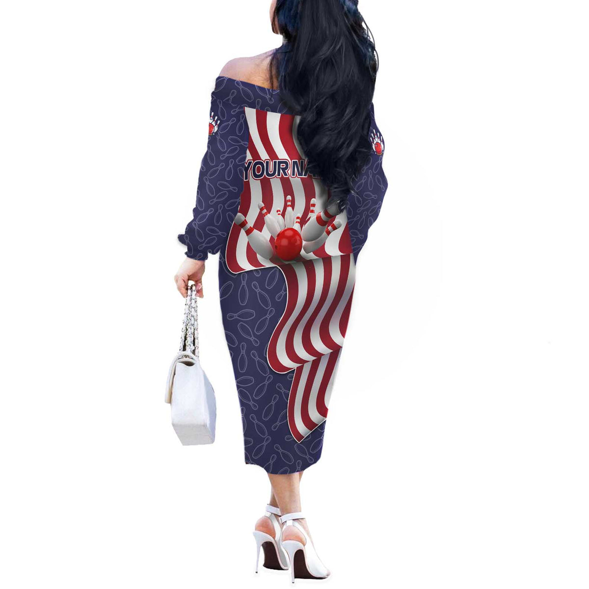 American Flag Bowling Pin Strike Graphic Off The Shoulder Long Sleeve Dress with Custom Name and Pattern Background - Wonder Print Shop