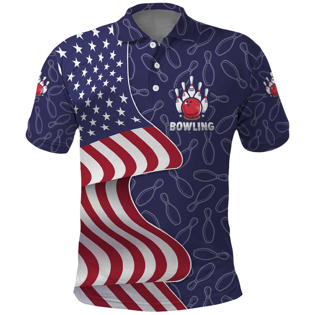 American Flag Bowling Pin Strike Graphic Polo Shirt with Custom Name and Pattern Background - Wonder Print Shop