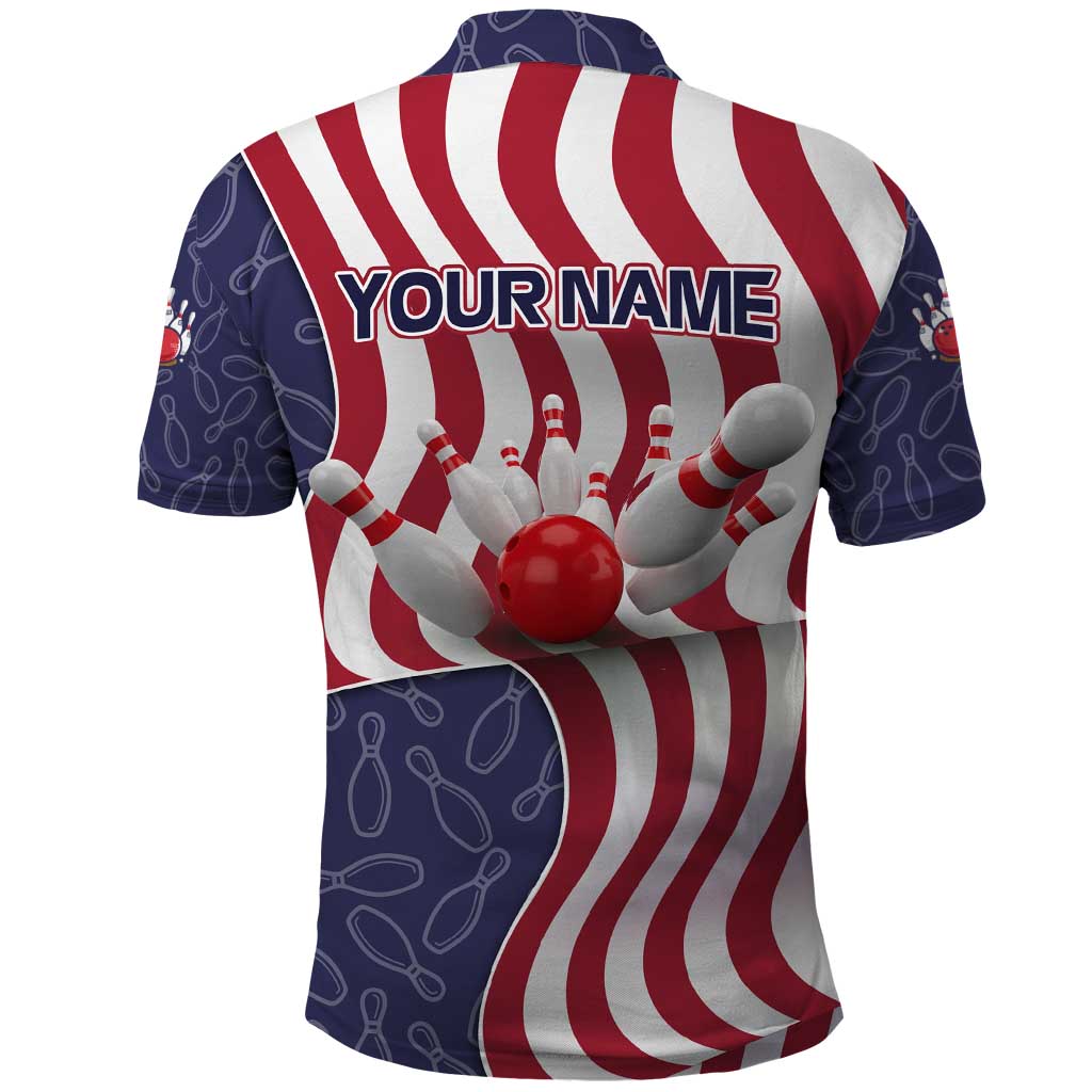 American Flag Bowling Pin Strike Graphic Polo Shirt with Custom Name and Pattern Background - Wonder Print Shop