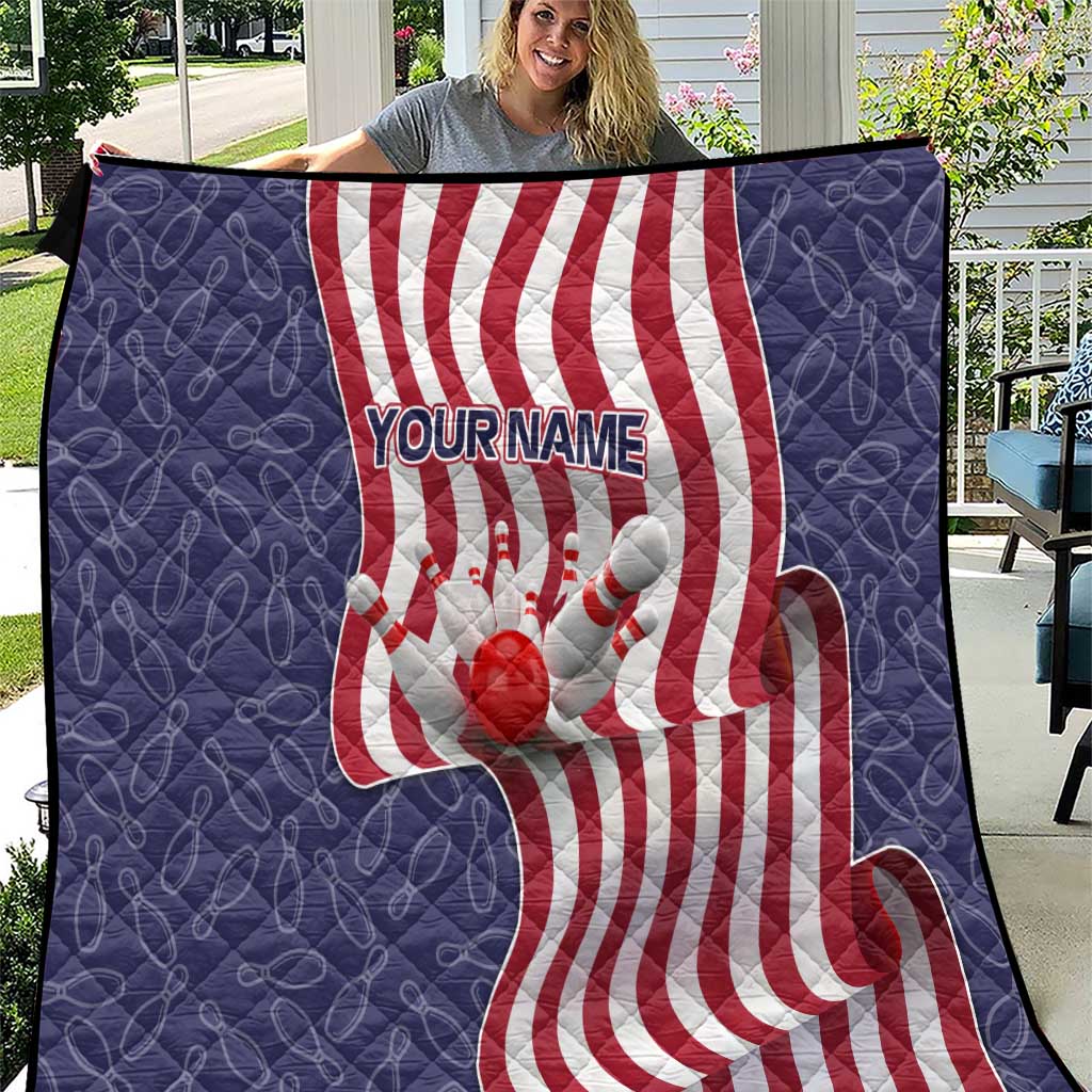 American Flag Bowling Pin Strike Graphic Quilt with Custom Name and Pattern Background - Wonder Print Shop