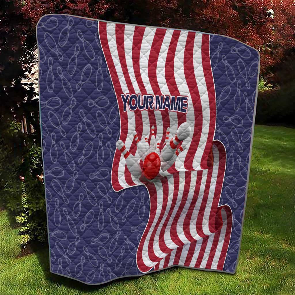 American Flag Bowling Pin Strike Graphic Quilt with Custom Name and Pattern Background - Wonder Print Shop