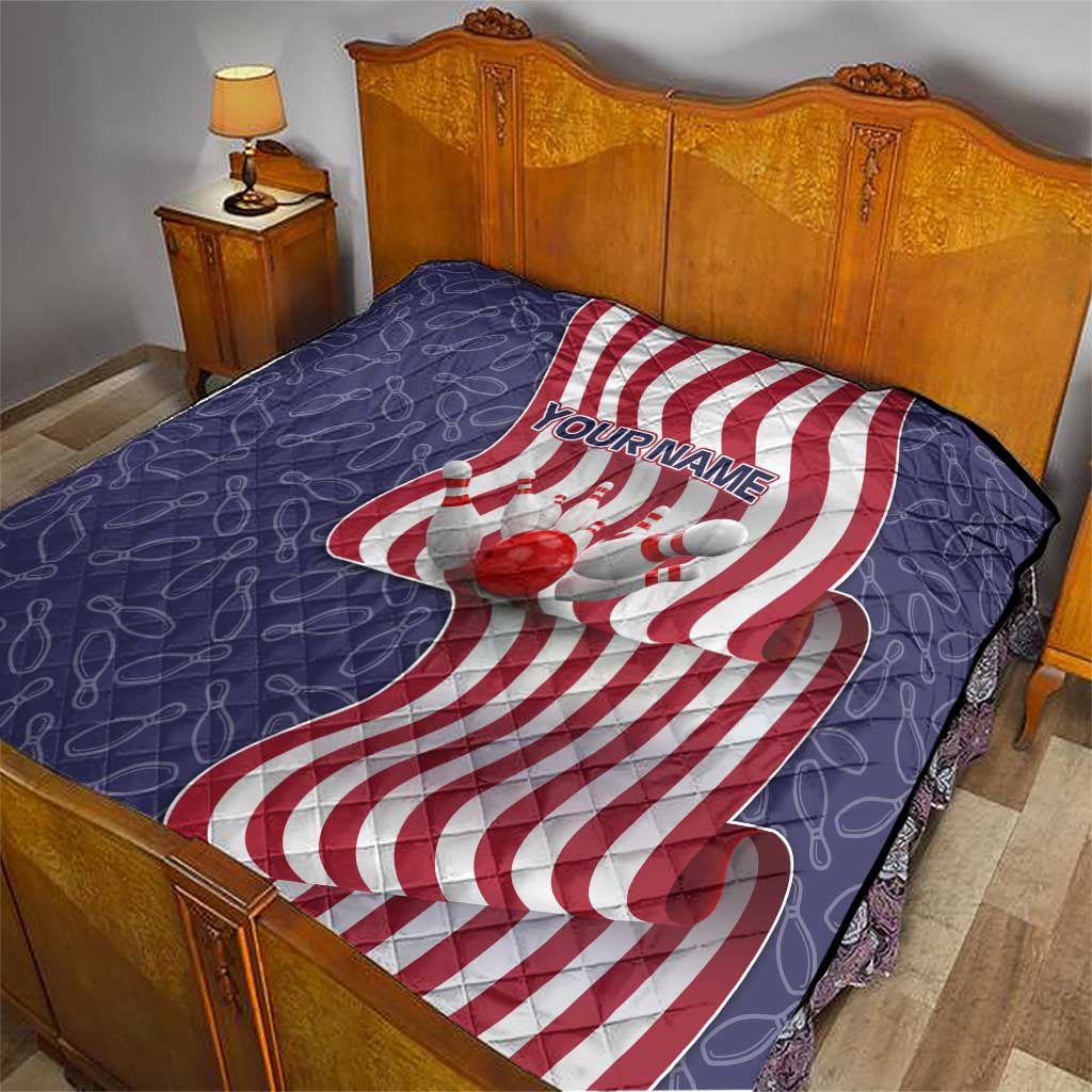 American Flag Bowling Pin Strike Graphic Quilt with Custom Name and Pattern Background - Wonder Print Shop