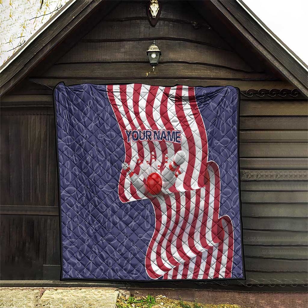 American Flag Bowling Pin Strike Graphic Quilt with Custom Name and Pattern Background - Wonder Print Shop