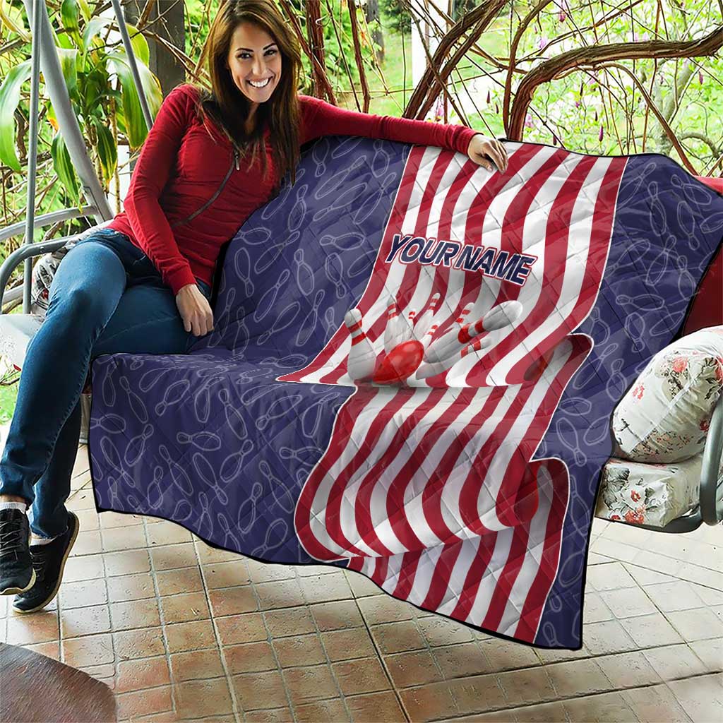 American Flag Bowling Pin Strike Graphic Quilt with Custom Name and Pattern Background - Wonder Print Shop