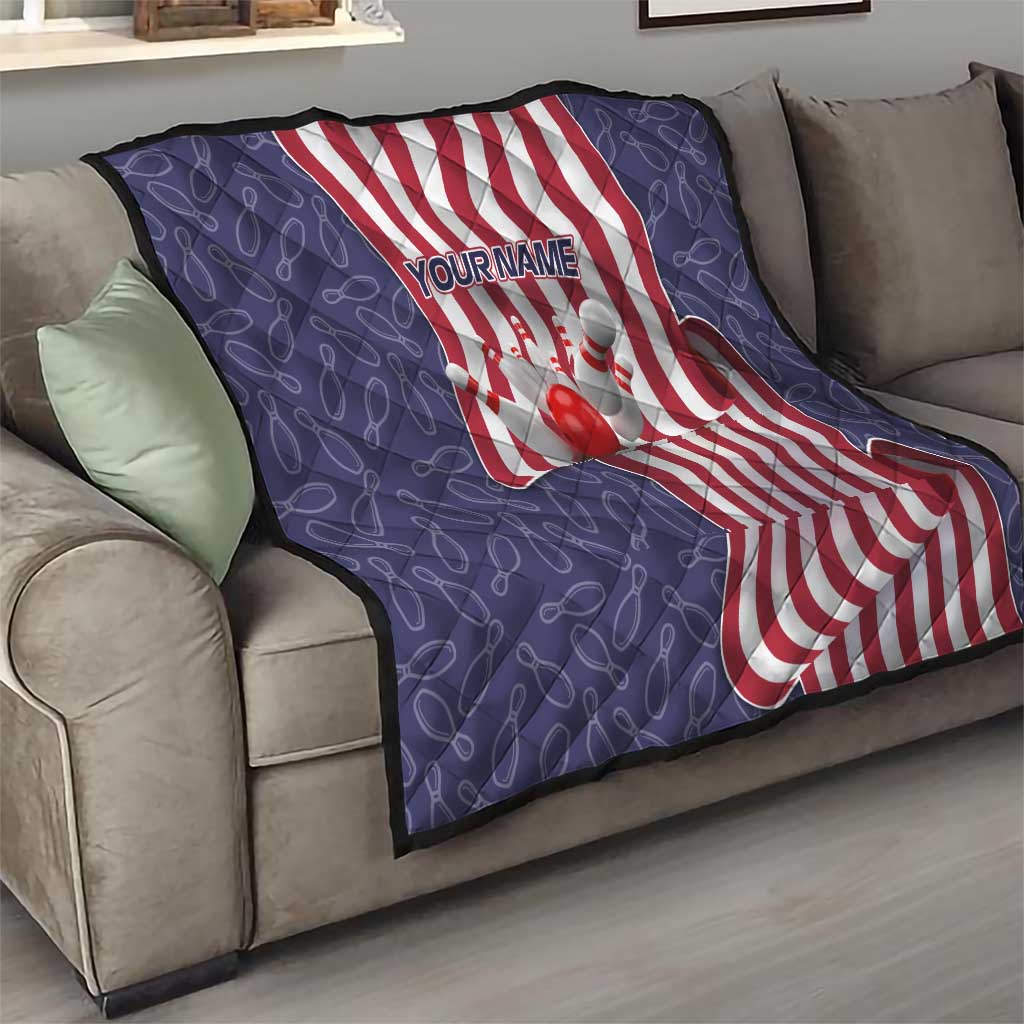 American Flag Bowling Pin Strike Graphic Quilt with Custom Name and Pattern Background - Wonder Print Shop