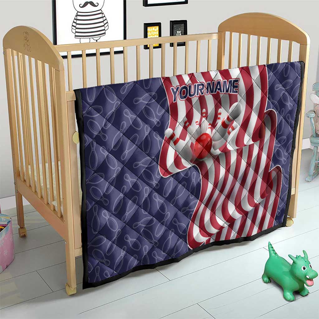 American Flag Bowling Pin Strike Graphic Quilt with Custom Name and Pattern Background - Wonder Print Shop