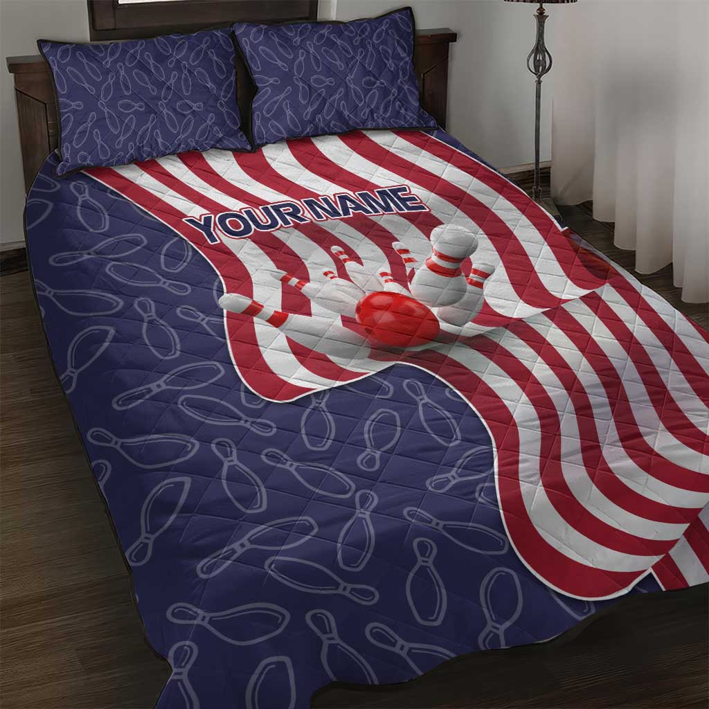 American Flag Bowling Pin Strike Graphic Quilt Bed Set with Custom Name and Pattern Background - Wonder Print Shop