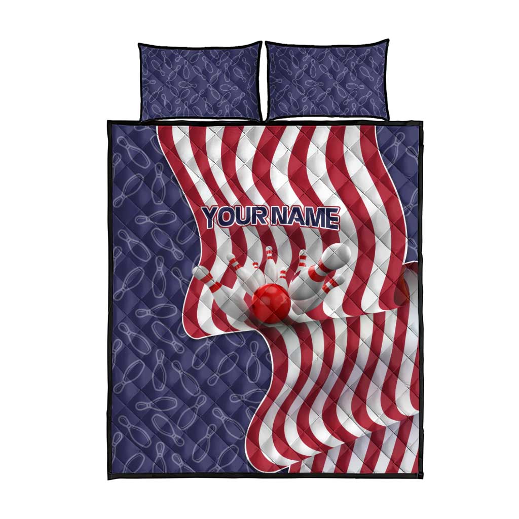 American Flag Bowling Pin Strike Graphic Quilt Bed Set with Custom Name and Pattern Background - Wonder Print Shop