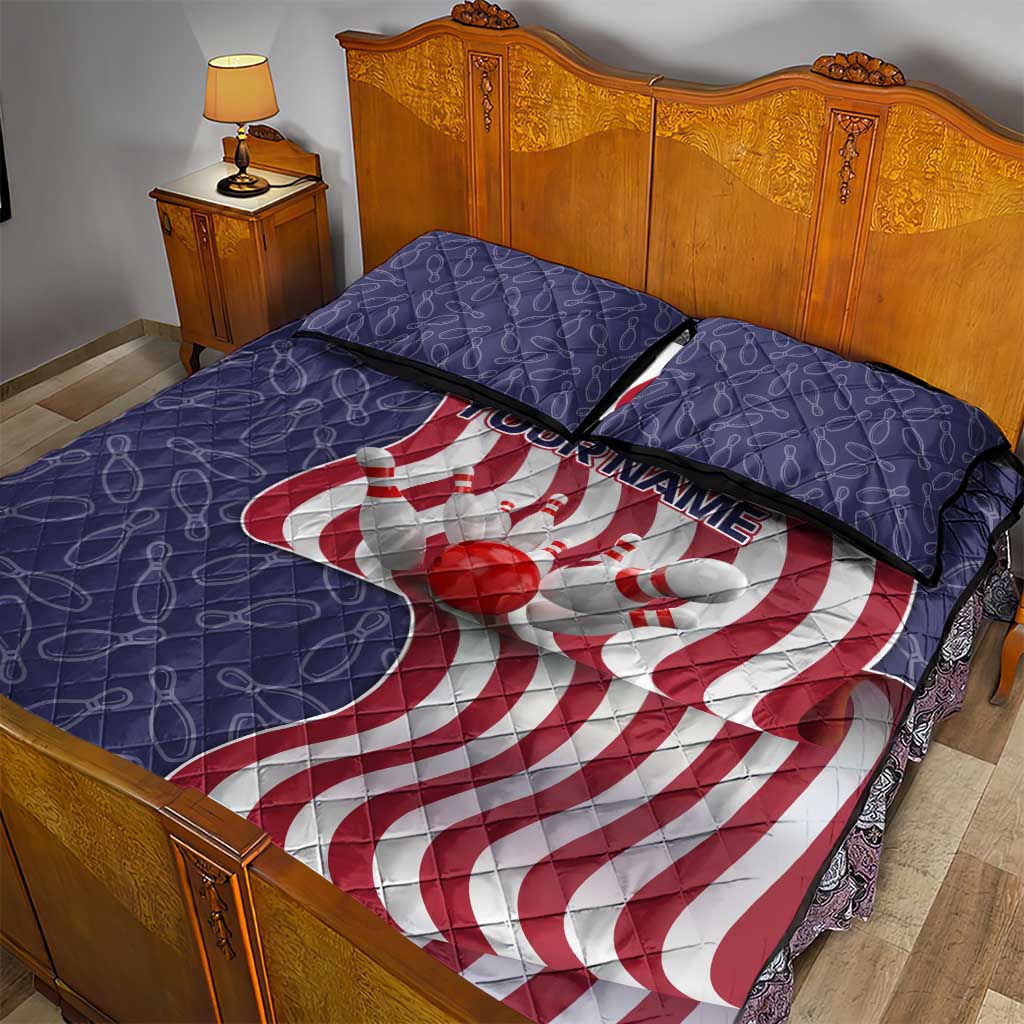 American Flag Bowling Pin Strike Graphic Quilt Bed Set with Custom Name and Pattern Background - Wonder Print Shop