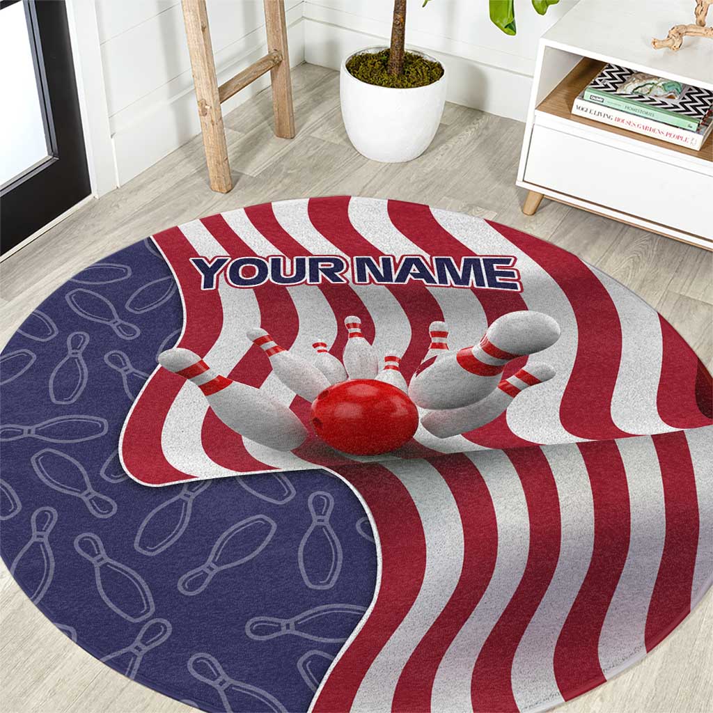 American Flag Bowling Pin Strike Graphic Round Carpet with Custom Name and Pattern Background - Wonder Print Shop
