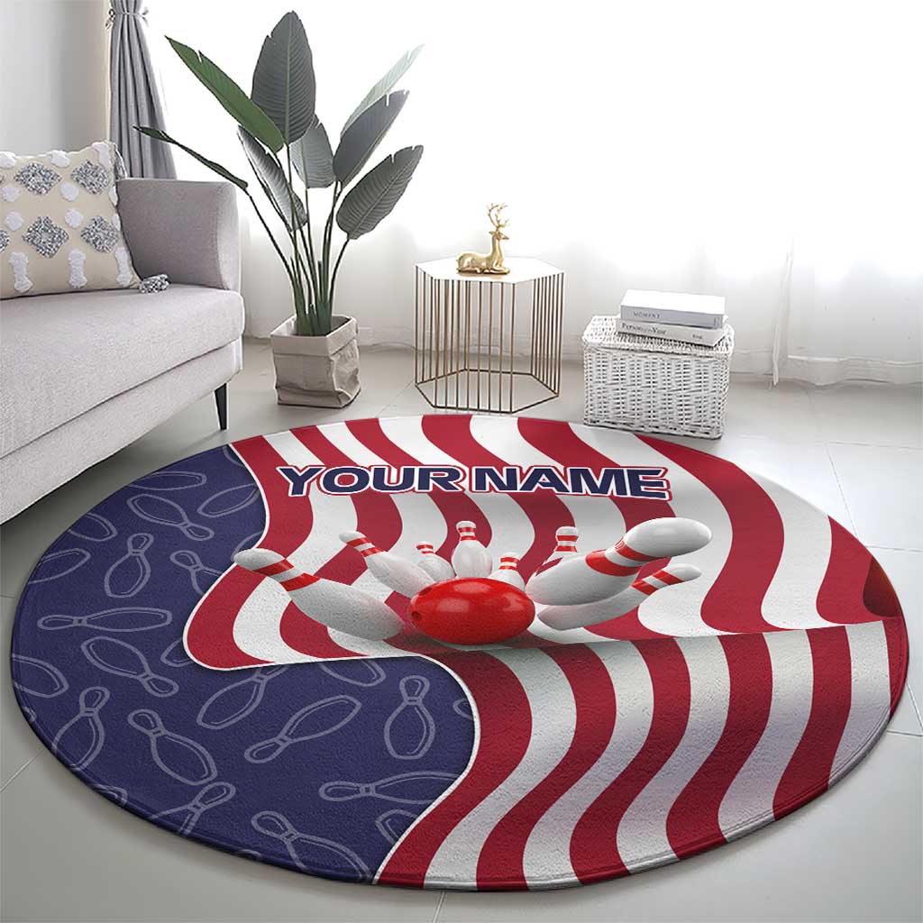 American Flag Bowling Pin Strike Graphic Round Carpet with Custom Name and Pattern Background - Wonder Print Shop