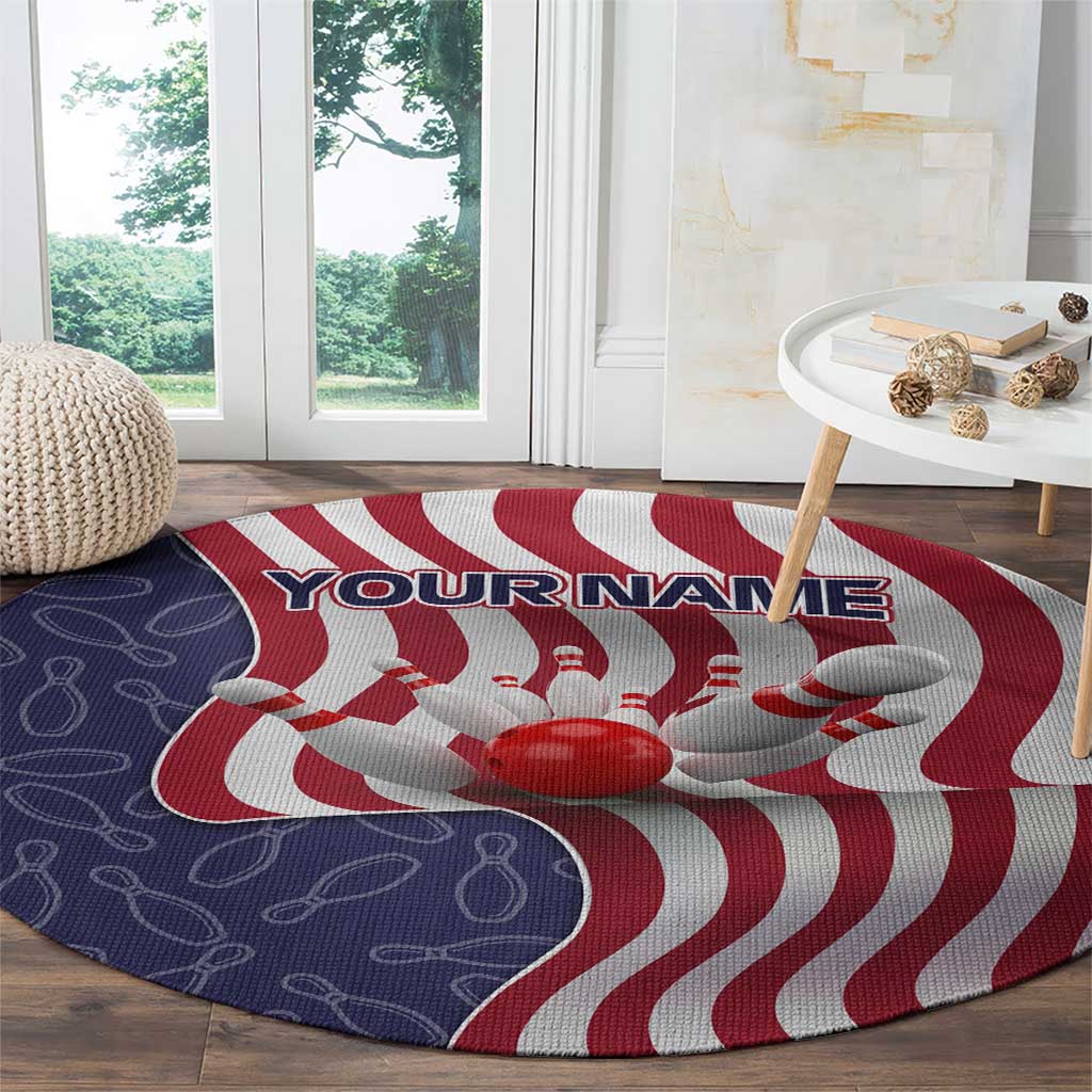 American Flag Bowling Pin Strike Graphic Round Carpet with Custom Name and Pattern Background - Wonder Print Shop