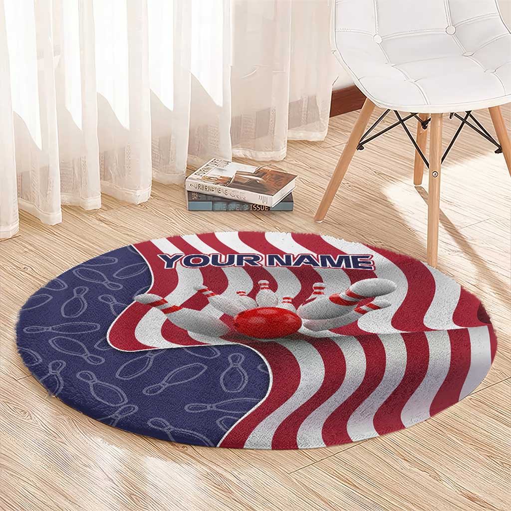 American Flag Bowling Pin Strike Graphic Round Carpet with Custom Name and Pattern Background - Wonder Print Shop