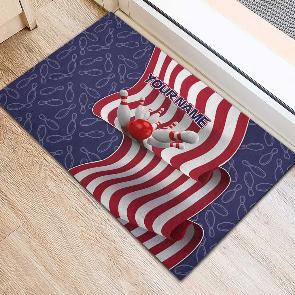 American Flag Bowling Pin Strike Graphic Rubber Doormat with Custom Name and Pattern Background - Wonder Print Shop