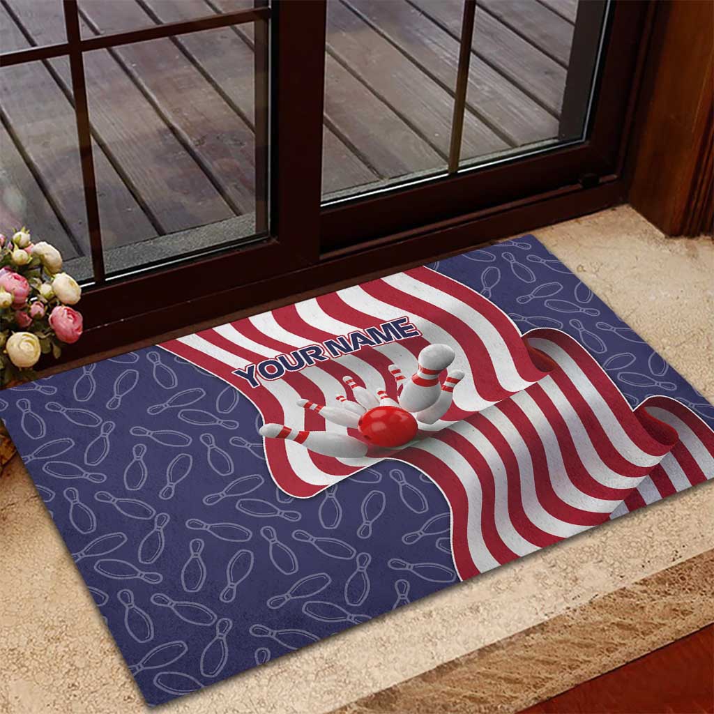 American Flag Bowling Pin Strike Graphic Rubber Doormat with Custom Name and Pattern Background - Wonder Print Shop