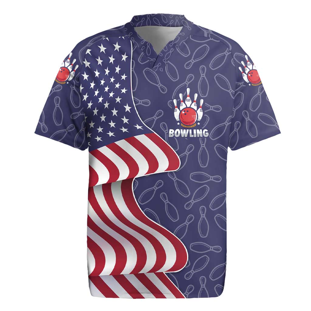 American Flag Bowling Pin Strike Graphic Rugby Jersey with Custom Name and Pattern Background - Wonder Print Shop
