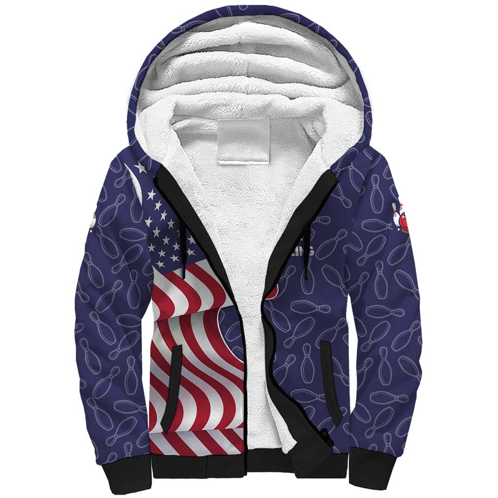 American Flag Bowling Pin Strike Graphic Sherpa Hoodie with Custom Name and Pattern Background - Wonder Print Shop