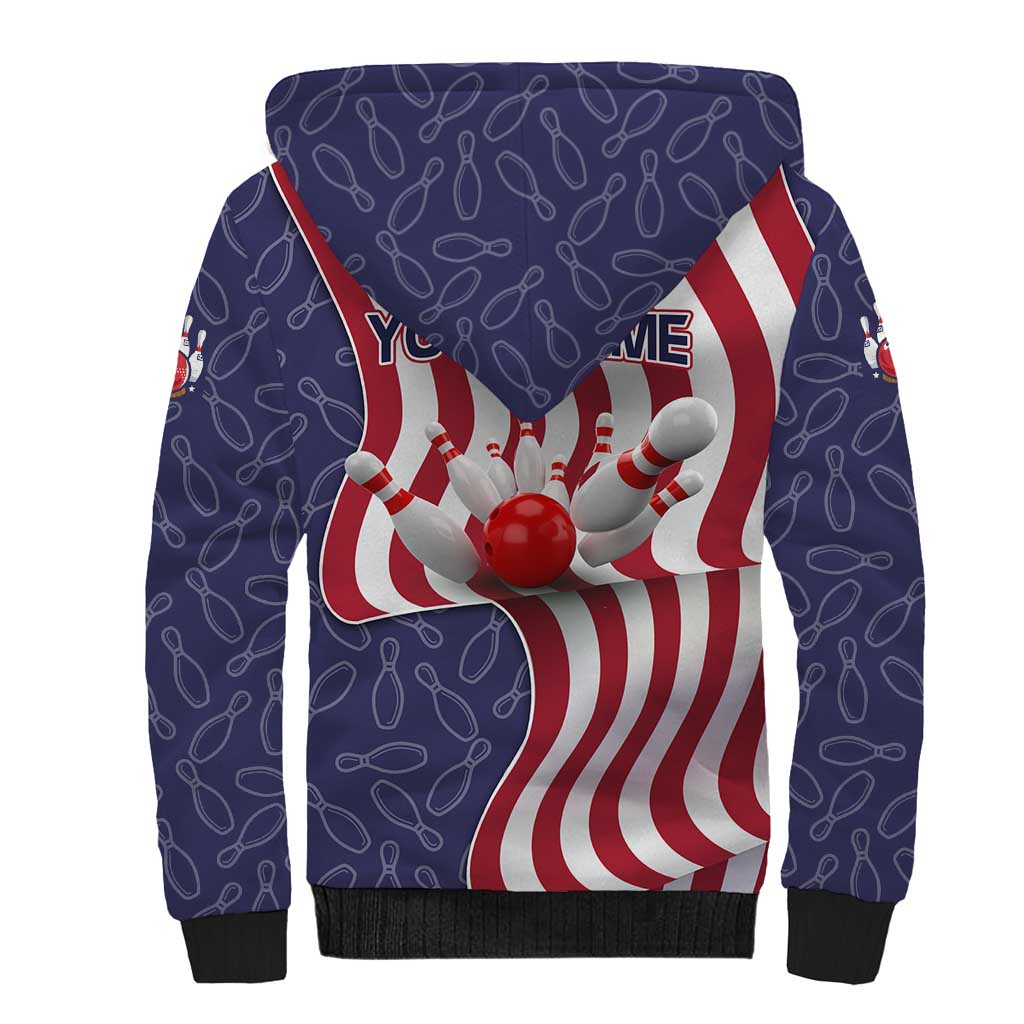 American Flag Bowling Pin Strike Graphic Sherpa Hoodie with Custom Name and Pattern Background - Wonder Print Shop