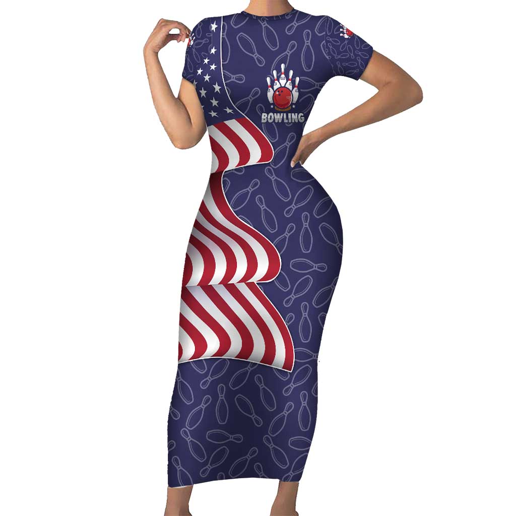 American Flag Bowling Pin Strike Graphic Short Sleeve Bodycon Dress with Custom Name and Pattern Background - Wonder Print Shop