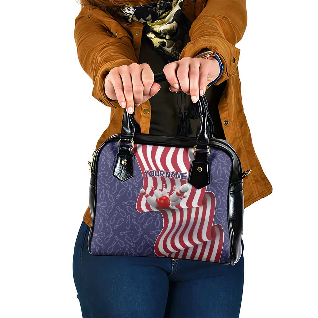 American Flag Bowling Pin Strike Graphic Shoulder Handbag with Custom Name and Pattern Background - Wonder Print Shop
