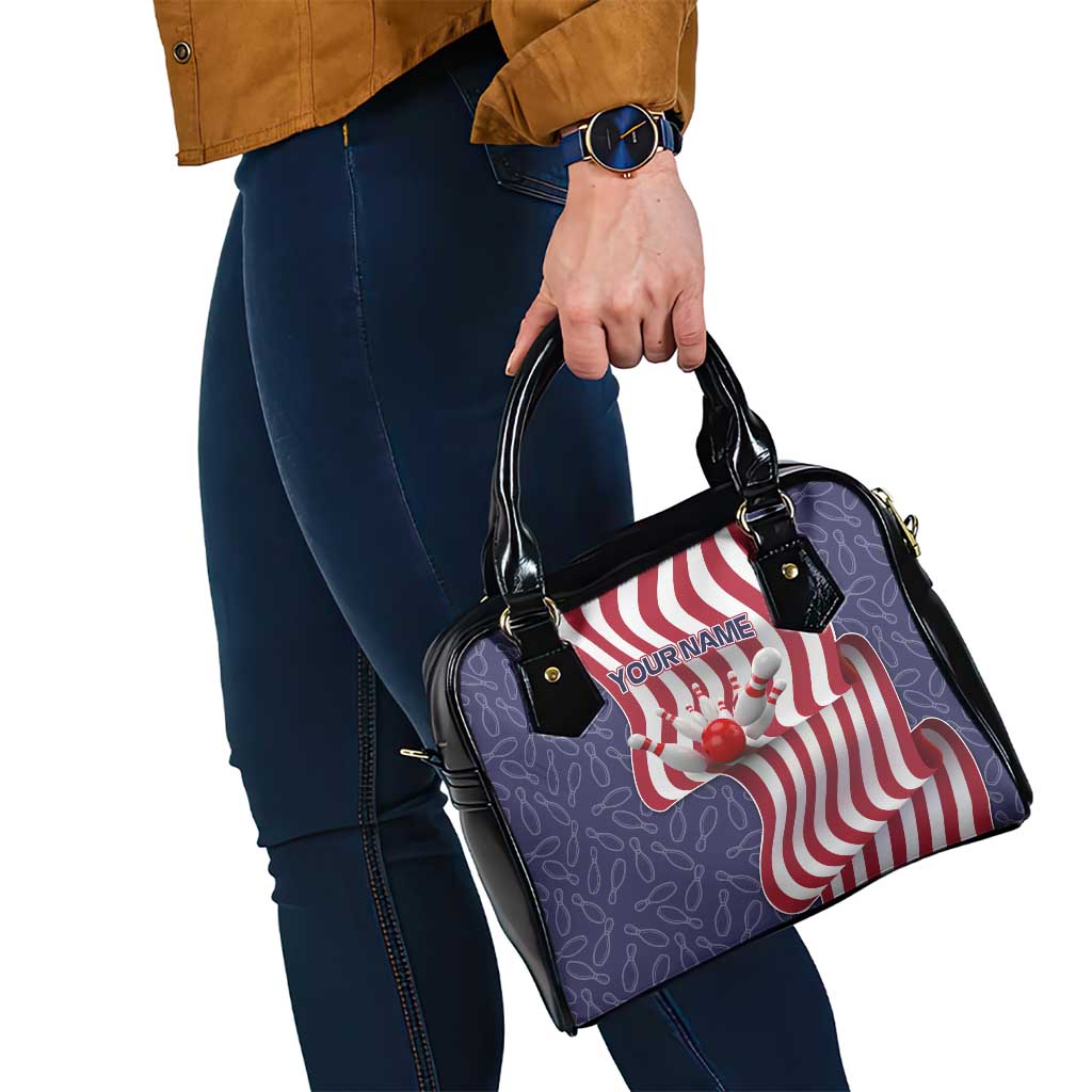 American Flag Bowling Pin Strike Graphic Shoulder Handbag with Custom Name and Pattern Background - Wonder Print Shop