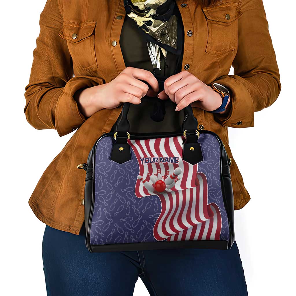 American Flag Bowling Pin Strike Graphic Shoulder Handbag with Custom Name and Pattern Background - Wonder Print Shop